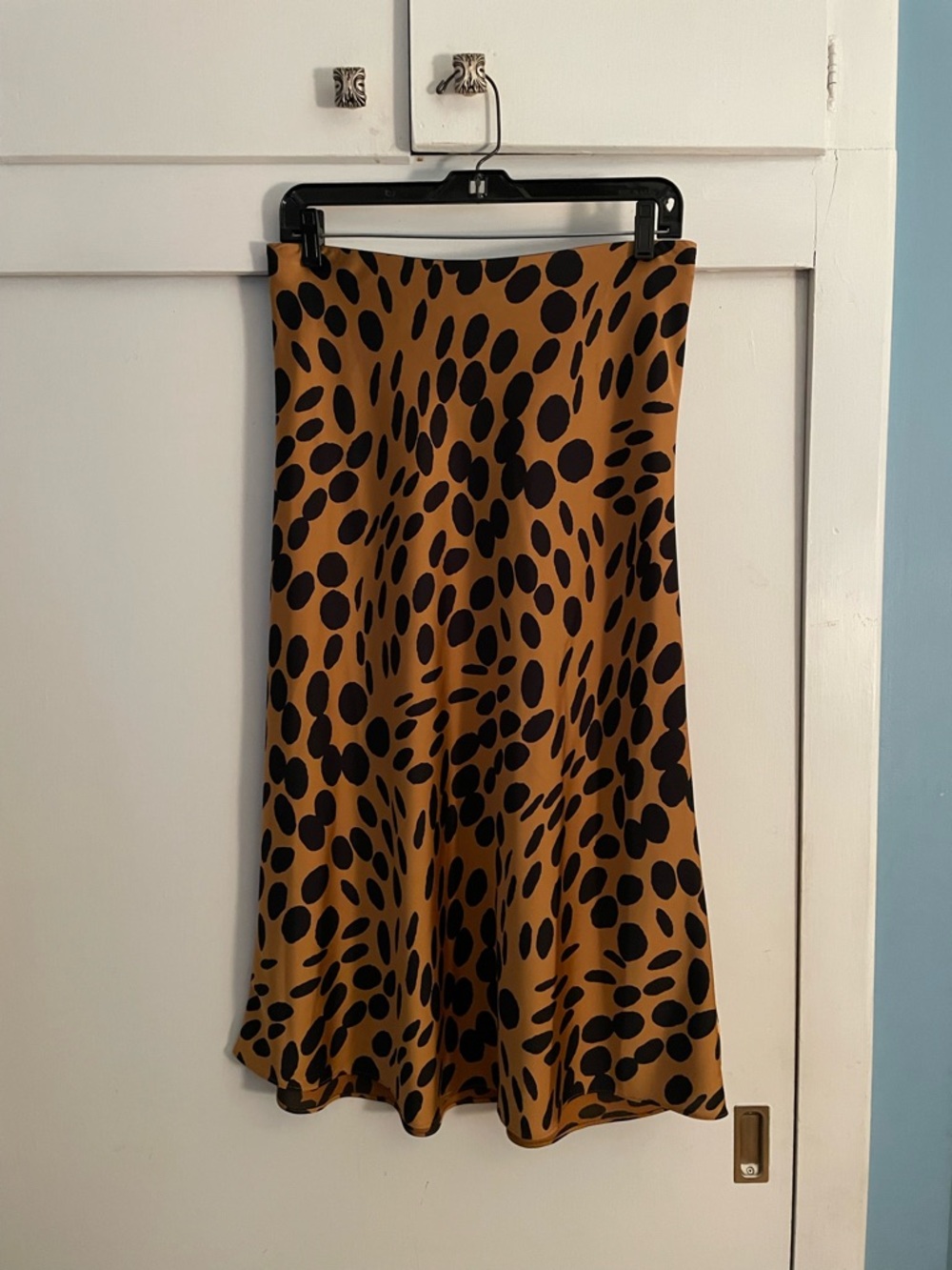 J. Crew Tan Silky Midi Skirt with Black Spot Print
